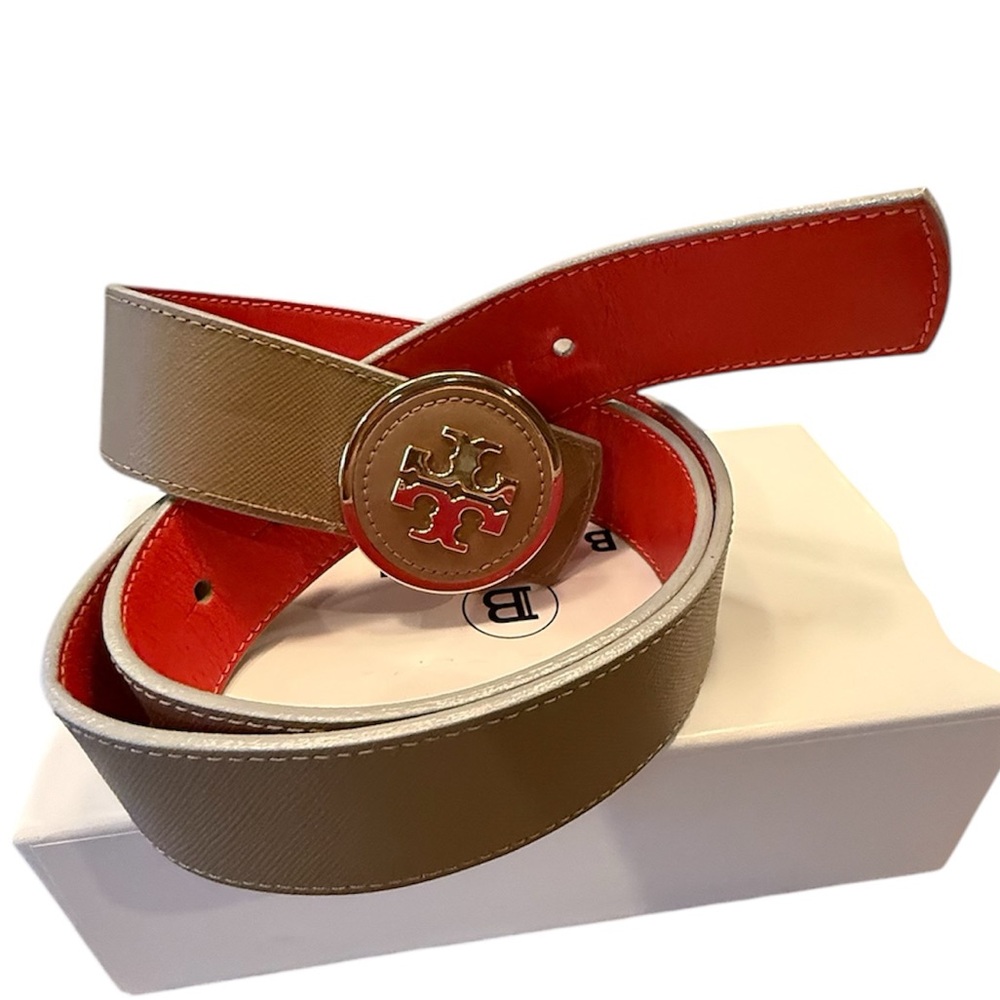 Tory Burch Robinson Logo Reversible Belt 1.5” in Orange/Tan Leather Large